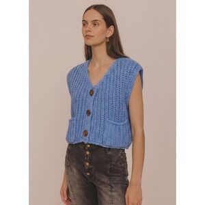 Chunky Knit Button Front Vest Women L Blue Gold Hammered Button Pocket